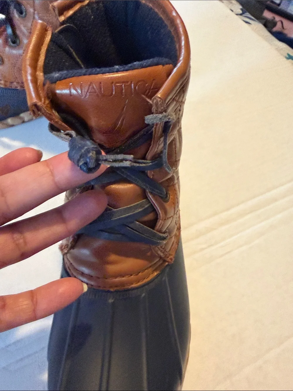 Nautica Brown Leather and Navy Rubber Duck Boots , size 7